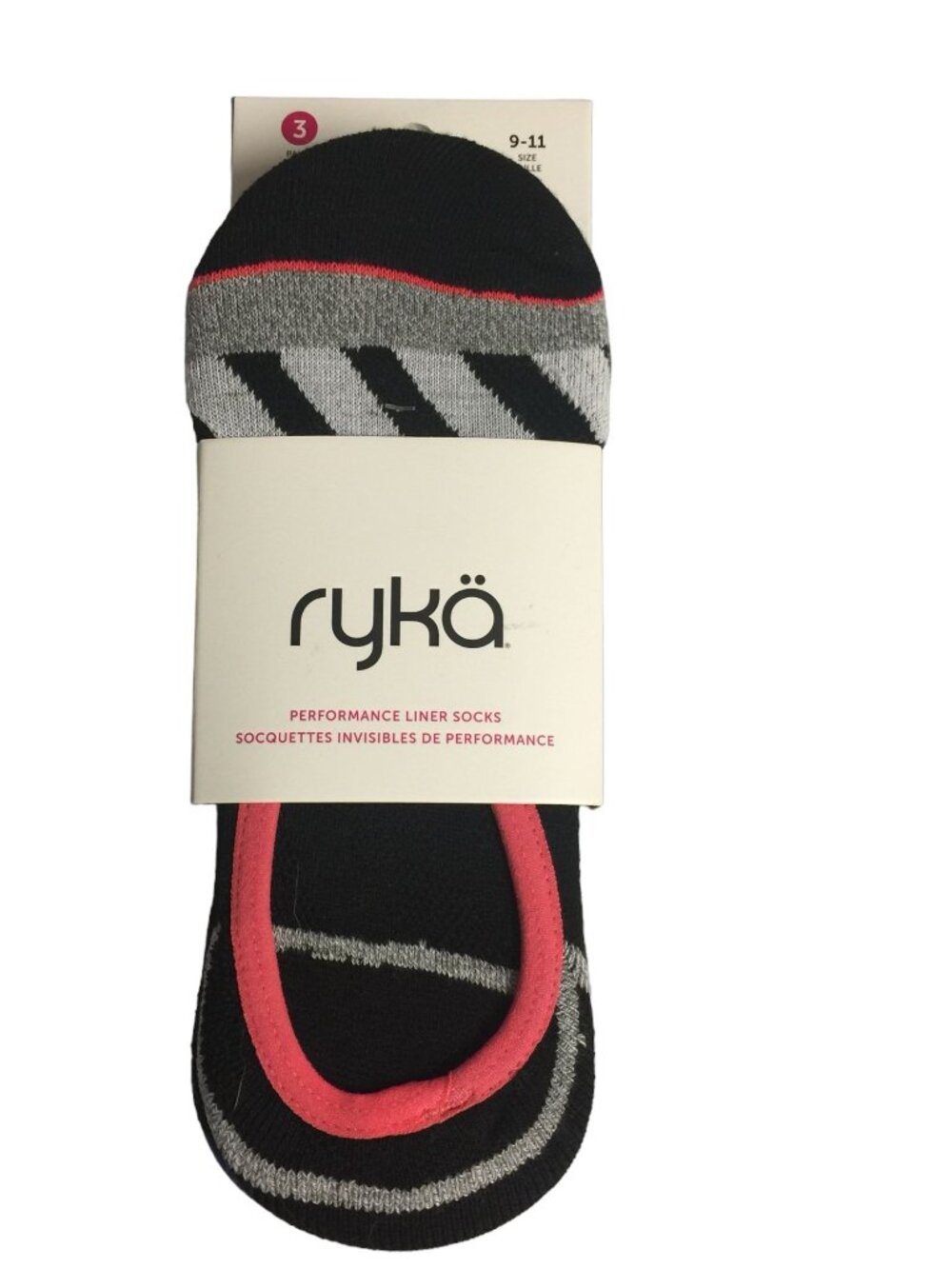 ryka Ladies Performance Liners Size 9-11 Set of 3 Black Gray Peach Blue